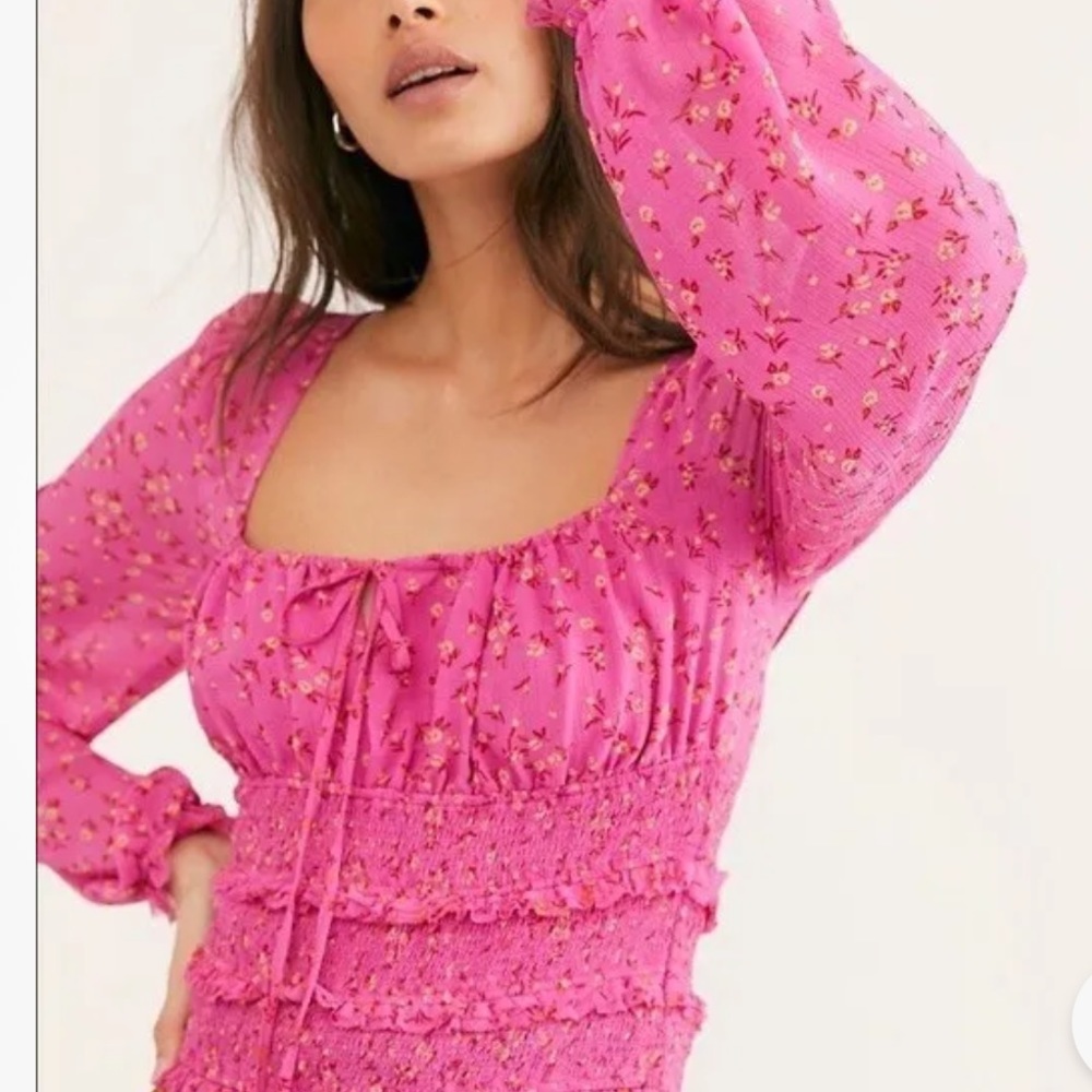 Free people Lolita pink floral smocked top size small p